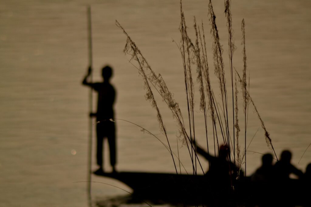 Silhouettes of people on a narrow boat at sunset, with tall reeds in the foreground and calm water in the background.